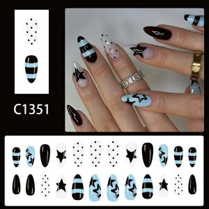 TEMU 24개 롱 아몬드 모양 광택 프레스온 네일, 트렌디한 디자인 (라이트 블루 , 다섯각 별, 물방울 무늬), 여성용, 데일리, 졸업식, 파티 등 다양한 행사에 적합|네일팁