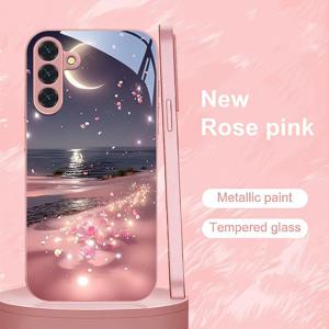 TEMU 꿈의 핑크 해변 달빛 프린트 폰 케이스, 삼성 갤럭시 S9+/S10/S20+/S20 울트라/S21 5G/S21+/S22/S23 플러스/S24 플러스/S25/S25 엣지/노트 9/노트 10/노트 10+/노트 20/노트 282 울트라 호환, 낙하 방지 강화 유리 보호 커버