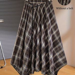 TEMU 플러스 사이즈, 여성용 빈티지 플러스 사이즈 웨스턴 스타일 루즈한 불규칙 밑단 우아한 체크 와이드 플레어 맥시 드레스|댄스복