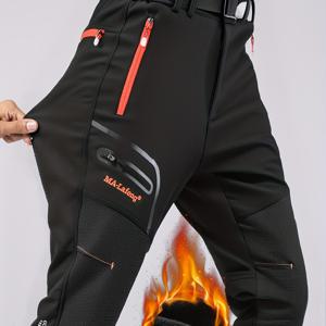 TEMU 남성용 안감 두꺼운 아웃도어 캐주얼 스포츠 팬츠 - 레터 프린트 디자인 - 지퍼 포켓 - 자수 디테일 - 하이킹 트레킹 트레이닝 바지, 일상복, 겨울 아웃도어 피트니스, 조깅, 휴가, 캠핑용