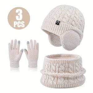 TEMU 3pcs 가을/겨울 넥 가이터 장갑 모자 세트, 남아 & 여아용 방한 방풍 귀 보호 니트 비니, 플리스 안감, 2-5세 적합, 여아 겨울옷
