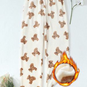 TEMU 여성용 겨울 보온 플란넬 잠옷 바지 - 코지 베어 프린트 파자마 레깅스, 탄력 없음, 손세탁 가능, 신축성 없는 파자마 바지, s 사이즈, 귀여운 패턴 라운지 웨어 (브라운/베이지)|파자마