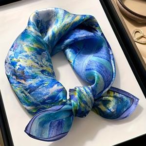 TEMU FANGSIGE 100% 뽕나무 실크 스카프 오일 페인팅 블루 리듬 20.86인치