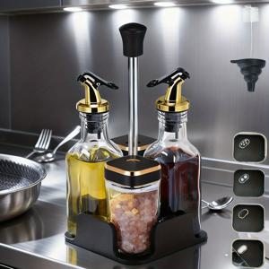 TEMU 7피스 주방 필수품 세트 - 회전식 스테인리스 디스펜서 & 유리병 포함 (오일/식초 시스템, 소금 & 후추통, 깔때기 & 브러쉬) - 요리 및 그릴용