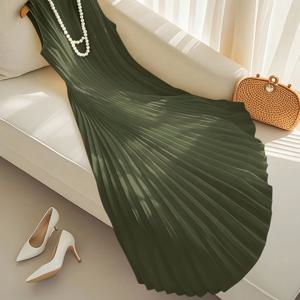 TEMU 올리브 그린 롱 드레스, 민소매 플리츠 드레스, 스트랩리스 맥시 드레스, 여성 쉬폰 드레스, 여성 휴가 드레스, 맥시 드레스, 브런치/가든 파티 드레스, 우아한 교회 드레스, A라인 플로우 맥시 드레스