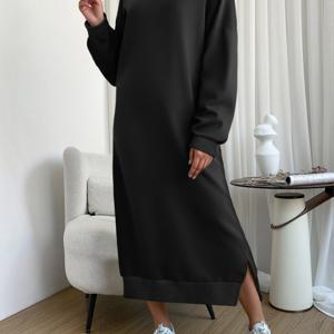 TEMU 오버사이즈 라운드넥 긴팔 스웨터 드레스 - 슬릿 밑단, 포근한 캐주얼 겨울 드레스, 솔리드 컬러 루즈핏, 가을/겨울 레이어링용 (낮부터 밤까지) 세탁기 사용 가능