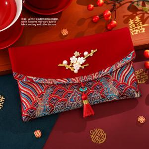 TEMU 2026년 새해 설날 빨간 봉투 | 자수 빨간 벨벳 가방 | 자체 밀봉 폴리에스터 돈 봉투 | 필수 새해 장식