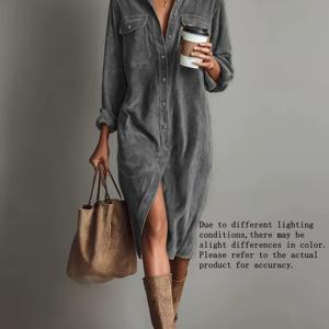 TEMU 빈티지 코듀로이 여성 튜닉 드레스 | 긴소매, 라펠 칼라, 듀얼 포켓, 미디 길이, 오피스, 휴가, 집, 캐주얼 외출에 적합|여름원피스