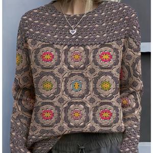 TEMU 여성용 프린트 스웨터 - 우아한 라운드넥 풀오버, 가을/겨울 캐주얼 웨어, 편안한 레이어링 아이템, 패셔너블 탑 [릴랙스드 핏] [사이즈 차이 2-3cm] [프린트 디자인 - 텍스처 없음]