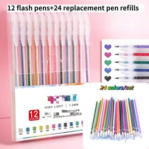 TEMU 36색 컬러 체인징 글리터 젤펜, 반짝이는 글리터, 스파클링 스타 젤펜, 오로라 글리터펜, 하이라이터, 저널링 및 드로잉용 36색, 12펜 + 24리필