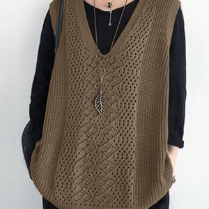 TEMU 플러스 사이즈 여성 패션 봄/가을 V넥 풀오버 스웨터, 솔리드 컬러 홀아웃 오프숄더 루즈핏 오피스 & 캐주얼 웨어