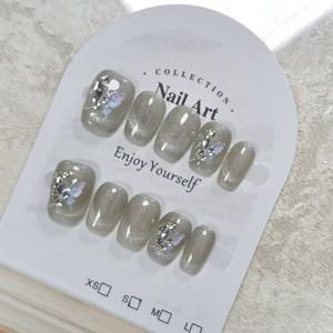 TEMU 수제 나비 고양이 눈 누드 컬러 솔리드 글리터 숏 네일 10개입, 매니큐어용