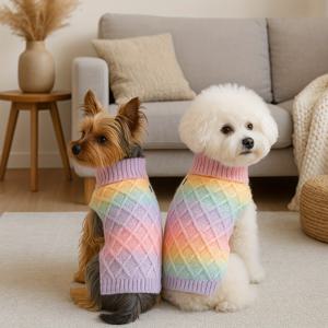 TEMU 1개 무지개 그라데이션 컬러 소/중형 강아지 스웨터 - 부드러운 두꺼운 니트 터틀넥 풀오버, 슈나우저 & 요크셔 테리어 겨울용 신축성 옷, 핸드워시 전용, 애견 패션 웜웨어, 반려동물 따뜻한 의류, 손세탁 가능 원단|강아지옷