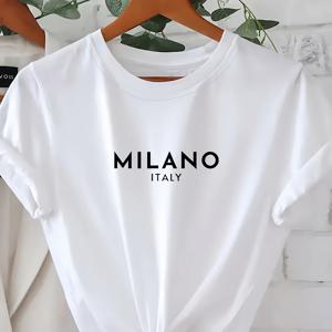 TEMU 여성용 플러스 사이즈 오버사이즈 캐주얼 티셔츠 - 생기발랄한 핑크 MILANO ITALY 그래픽 프린트, 반팔 라운드넥 여름 봄 상의, 세탁기 사용 가능, 여성용 티셔츠, 편안한 착용감, 트렌디 그래픽 티, 비침 방지 원단