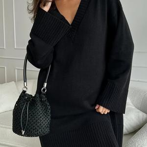 TEMU 플러스 사이즈, JNQualy V넥 긴팔 드레스 - 솔리드 컬러 겨울 가을 우아한 스웨터 드레스, 포근한 니트웨어, 세미 포멀 & 정장, 손세탁/건조 권장