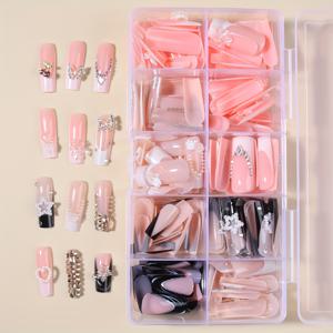 TEMU 240피스 분리형 롱 스퀘어 프레스온 네일, Y2K 네일, 여성용 매니큐어 세트, 데일리 웨어, 재사용 가능한 아크릴 네일, 프레스온 네일 키트, 인조 네일 세트