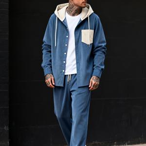 TEMU 남성 선물: 트렌디한 코듀로이 원단의 투피스 세트. 후드, 대비되는 버튼, 드로스트링, 기울어진 포켓이 있는 간편하고 스타일리시한 디자인으로 캐주얼하고 패셔너블합니다.