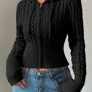 TEMU 여성용 가을 겨울 아메리칸 스트리트 레트로 미니멀리스트 텍스처 고급 솔리드 컬러 오픈 프론트 지퍼 디자인 슬리밍 숏 우아한 니트 후드 가디건 코트