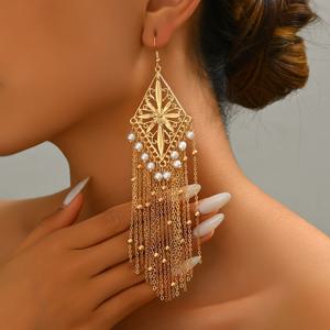 TEMU 아름다운 스타일의 꽃 무늬와 인공 진주 및 빈 체인 술 장식이 달린 귀걸이 한 쌍으로, 여성의 일상 파티 선물로 적합합니다.