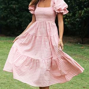 TEMU 여성용 체크 랩 드레스 - 스퀘어 넥과 랜턴 슬리브