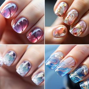 TEMU 96개입 숏 스퀘어 프레스온 네일 세트, 골든 플로럴 디자인 블루 그라데이션 - 미디엄 발레 쉐이프, 중간 길이 블루 옴브레 금박 라인, 광택 마감 여성용 네일 아트 액세서리