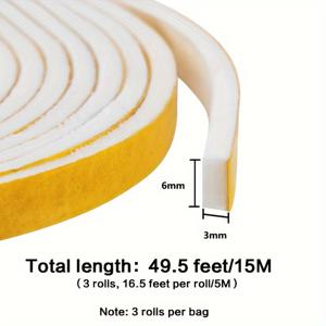 TEMU 흰색 문 틈새 밀봉 스트립 3개 세트, 폭 1/4인치 X 두께 1/8인치 X 길이 16.5피트 - 단열, 방음, 방풍을 위한 고밀도 폼 테이프, 문틀 및 창문에 적합한 강력 접착제 포함
