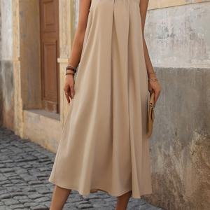 TEMU 우아한 레트로 스퀘어넥 민소매 드레스 - 리본 디테일, 가벼운 통기성 솔리드 컬러, 봄 여름 캐주얼~세미포멀 웨어, 시대를 초월한 우아함, 부드러운 소재, 따뜻한 날씨 패션, 고품질 원단, 성인 여성용