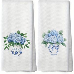 TEMU 2개 블루 앤 화이트 수국 주방 타월 - 슈퍼 소프트 & 흡수력, 꽃무늬 도자기 화병 디자인, 봄 중국 스타일 손수건, 요리, 청소, 장식용, 여성 선물로 완벽, 식기용 타월