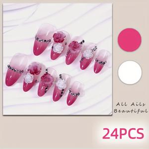 TEMU 24개 로즈 레드 묻은 레드 & 화이트 장미 중간 알몸 모양 웨어 네일 | 여성용 및 데일리, 직장, 여행, 파티, 마스커레이드, 축제, 모임, 네일 살롱 및 집에서 네일 아트에 적합, 간편