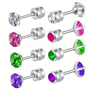 TEMU 남성용 304 스테인리스 스틸 스터드 귀걸이 4쌍, 스크류 백 큐빅 귀걸이 양면 연골 피어싱 귀걸이