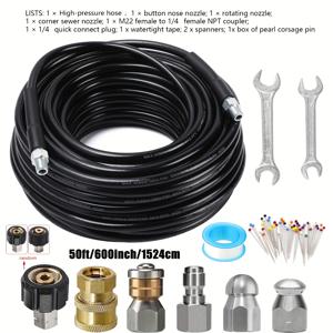 TEMU 압력 세척기용 하수구 제트 키트 100피트/50피트, 5800PSI 배수 클리너 호스 1/4인치 NPT 코너 회전 및 버튼 노즈 하수구 제팅 노즐 스패너 방수 테이프 진주 코사지 핀