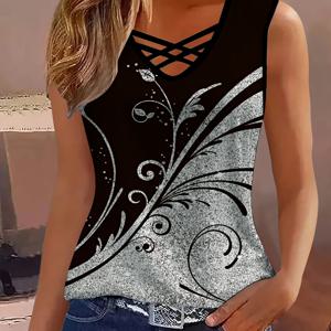 TEMU 세련된 여성용 V넥 크로스오버 프린트 티셔츠, 패셔너블한 V넥과 3D 실버-그레이 식물 염색 디자인