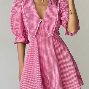 TEMU 체크 칼라 디자인 여성 드레스