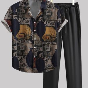 TEMU 남성 여름 쿨 해변 루즈핏 트렌디 드레이프 스타일리시 레트로 라펠 대나무 레이온 반팔 버튼업 셔츠 & 블랙 쿨 드레이프 긴 바지 세트