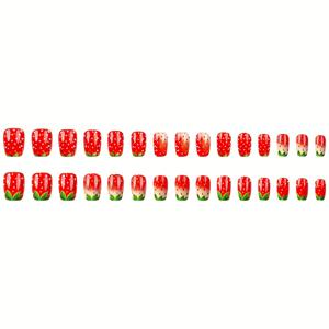 TEMU 24pcs 광택 프레스온 딸기 손톱 - 녹색 잎과 반짝이는 액센트가 있는 신선한 여름 과일 디자인, 여성용 재사용 가능한 인공 손톱, 짧은 발레 스타일, 광택 있는 마무리, 특별한 기회에 완벽한 파티 손톱 | 반짝이는 액센트 | 광택 있는 마무리 손톱, 딸기 손톱