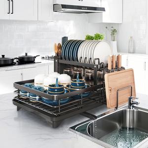 TEMU 대용량 공간 절약형 블랙 아이언 주방 정리대 - 접이식 2단 식기 건조대, 냄비, 팬 및 도구용 배수 시스템, 견고한 카운터탑 수납, 식기 건조 랙