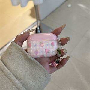 TEMU 에어팟 1 2 3 4 프로 프로2용 핑크 체크무늬 딸기 이어폰 커버와 체인