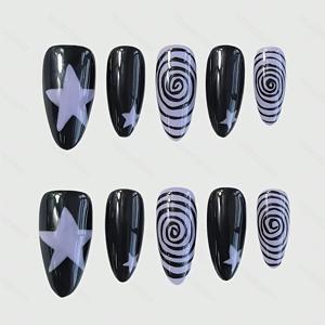 TEMU 고딕 고품질 수제 별 모양 페이크 블랙 누네일 10개 세트, 양면 접착 탭 3개 포함, 다크 고딕 스타일 네일 아트, 탈부착 가능한 별 네일 스티커, 파티, 댄스, 데일리웨어용