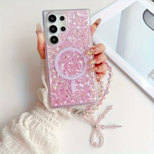 TEMU 폰 케이스: 패션 솔리드 컬러 글리터 + 리본 팔찌 폰 케이스 (S24, S24 플러스, S24 울트라, S25 울트라 호환)