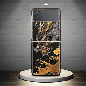 TEMU 갤럭시 Z 플립5, Z 플립3, Z 플립 5G, Z 플립6, 및 Z 플립4용 케이스, 하드 커버로 금색 파도 및 검은 용 디자인을 특징으로 합니다.