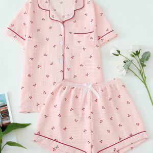TEMU 스위트 앤 프레시 핑크 체리 플라이트 파자마 세트: 반팔 탑과 리본 타이 숏팬츠, 루즈핏 캐주얼 사계절용 청소년 잠옷