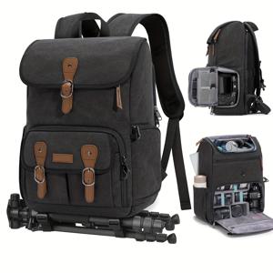 TEMU 레인스모어 DSLR/SLR 사진가용 카메라 백팩 캔버스 포토그래피 백팩, 15인치 랩탑 수납공간 도난 방지 레트로 스타일 카메라 백팩, 블랙|노트북가방