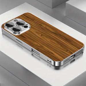 TEMU 월넛 우드 내추럴 나뭇결 패턴 아이폰 16 프로 맥스 케이스, 16 Pro/16/15 Pro Max/15 Plus/15/14 Pro Max/14 Pro/14/13/12/11/X/XR/XS Max용, 실버 도금 엣지가 있는 새로운 낙하 방지 유리 케이스, 풀커버, 카메라 렌즈 보호 기능이 있는 비즈니스 보호 커버