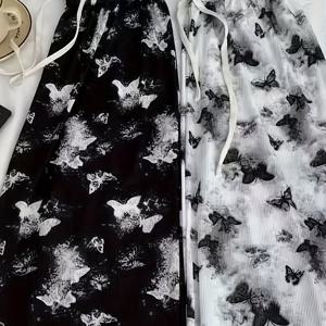 TEMU 2개입! 홀치기 염색 - 나비 잉크 페인팅 여름용 가볍고 캐주얼한 여성 바지, 홀치기 염색 중국 스타일 루즈핏 하이웨이스트 롱 와이드 레그 트라우저.