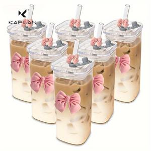 TEMU KAPLAN, 6개 세트 리본 음료잔, 12oz/350ml 뚜껑이 있는 스트로우 유리컵, 수집가용, 집이나 학교에서 사용 가능, 크리스마스 선물 추천, 추수감사절에 완벽한 선택