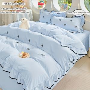 TEMU 나비 자수 꽃 무늬 레이스 침구 3pcs 세트, 파란색 이불 커버 및 베개 커버