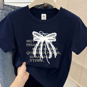 TEMU 여성용 레트로/한국 스타일 슬림핏 반팔 티셔츠 - 피규어 허그링 리본 & 레터 프린트 라운드넥 탑, 캐주얼 여름 캐주얼 의상, 여름에 적합