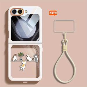 TEMU 휴대폰 케이스 - 갤럭시 Z 플립 6 및 Z 플립 5용 손목 끈이 있는 세련된 투명 휴대폰 케이스, 귀여운 고양이 디자인, 충격 방지 및 남녀 모두에게 스타일리시함을 제공합니다.