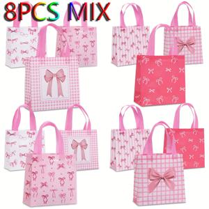 TEMU 8개 세트 새로운 리본 프린트 선물백, 포장백, 부직포 테이크아웃백, 쇼핑백, 생일 포장백, 파티 선물, 생일 장식, 웨딩 용품에 완벽, 내구성 있고 재사용 가능, 소규모 비즈니스 및 공예용