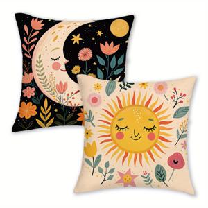 TEMU 2개 태양 & 달 플로럴 쿠션 커버 18x18인치, 소프트 폴리에스터 지퍼형 팜하우스 데코 소파 베개커버, 거실 및 야외용 (내부 충전재 미포함)